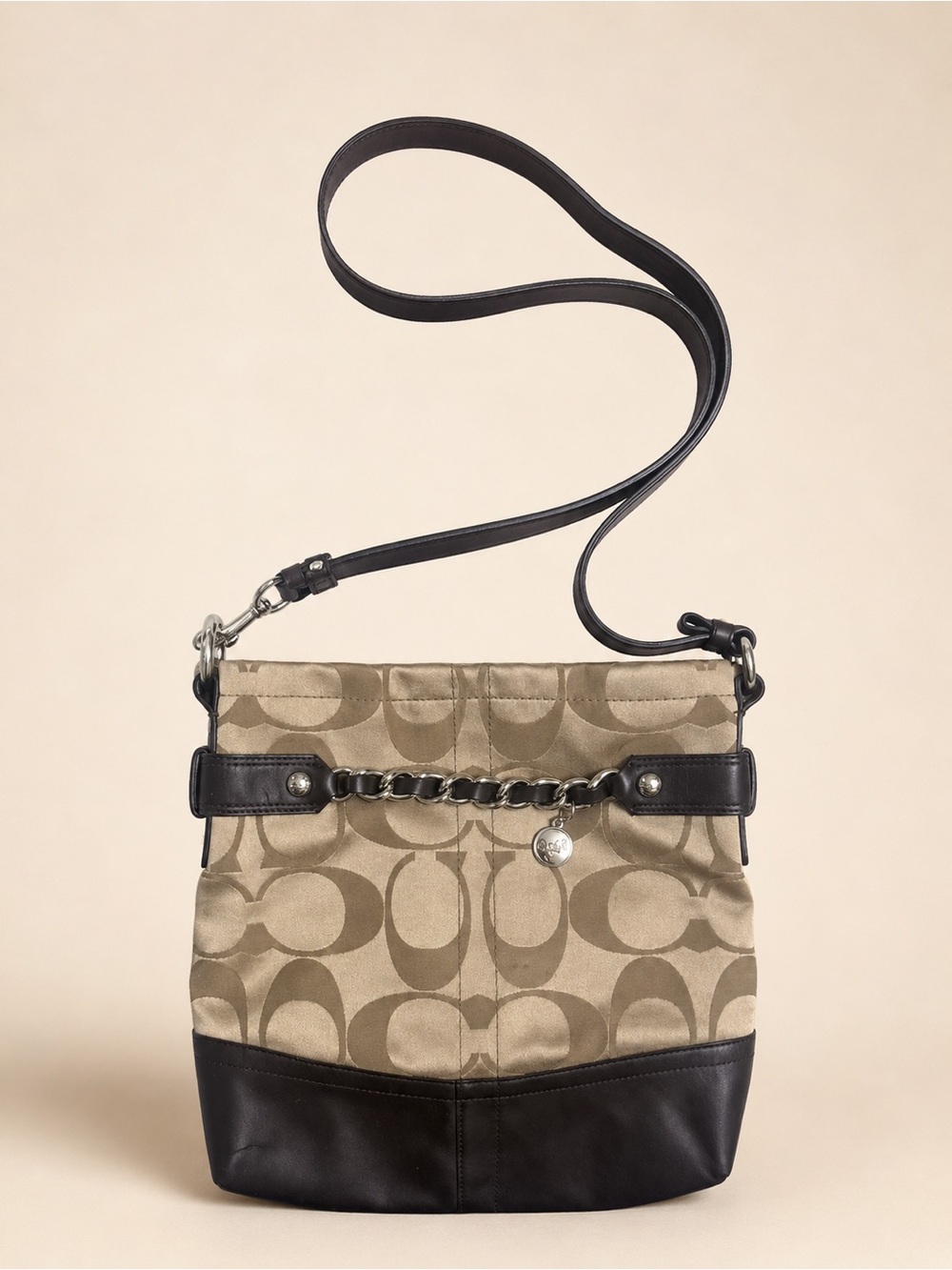 Coach F18862 Signature Sateen Chain Duffle Crossbody Bag Brown Khaki